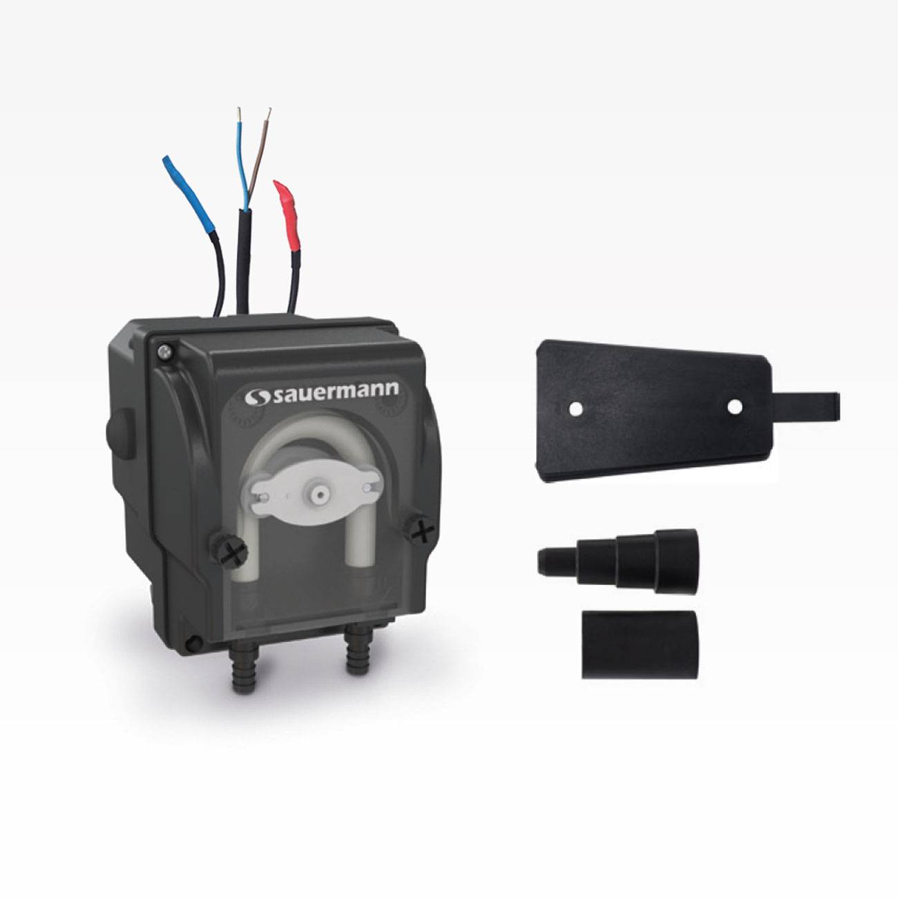 Sauer Mann Peristaltikpumpe mit freiliegenden Drähten, plus Montageklammer und zwei schwarze Zubehörteile auf weißem Hintergrund.