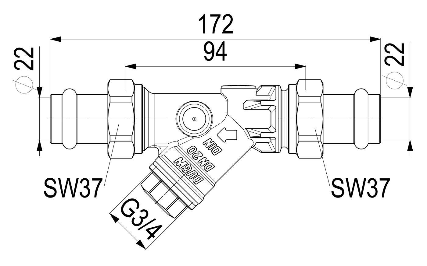 Technische Zeichnung einer Y-förmigen Rohrverbindung mit zwei Inline-Enden und einem abgewinkelten Zweig, beschriftet mit den Abmessungen 172, 94, 22, SW37 und G3/4.