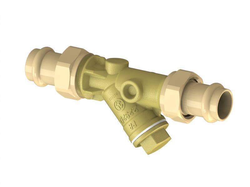Ein T-Stück-Rohrverschraubung mit sechskantigen Enden und einer zentralen Ventilkomponente, wahrscheinlich für die Verwendung in der Sanitärtechnik zum Verbinden mehrerer Rohre.