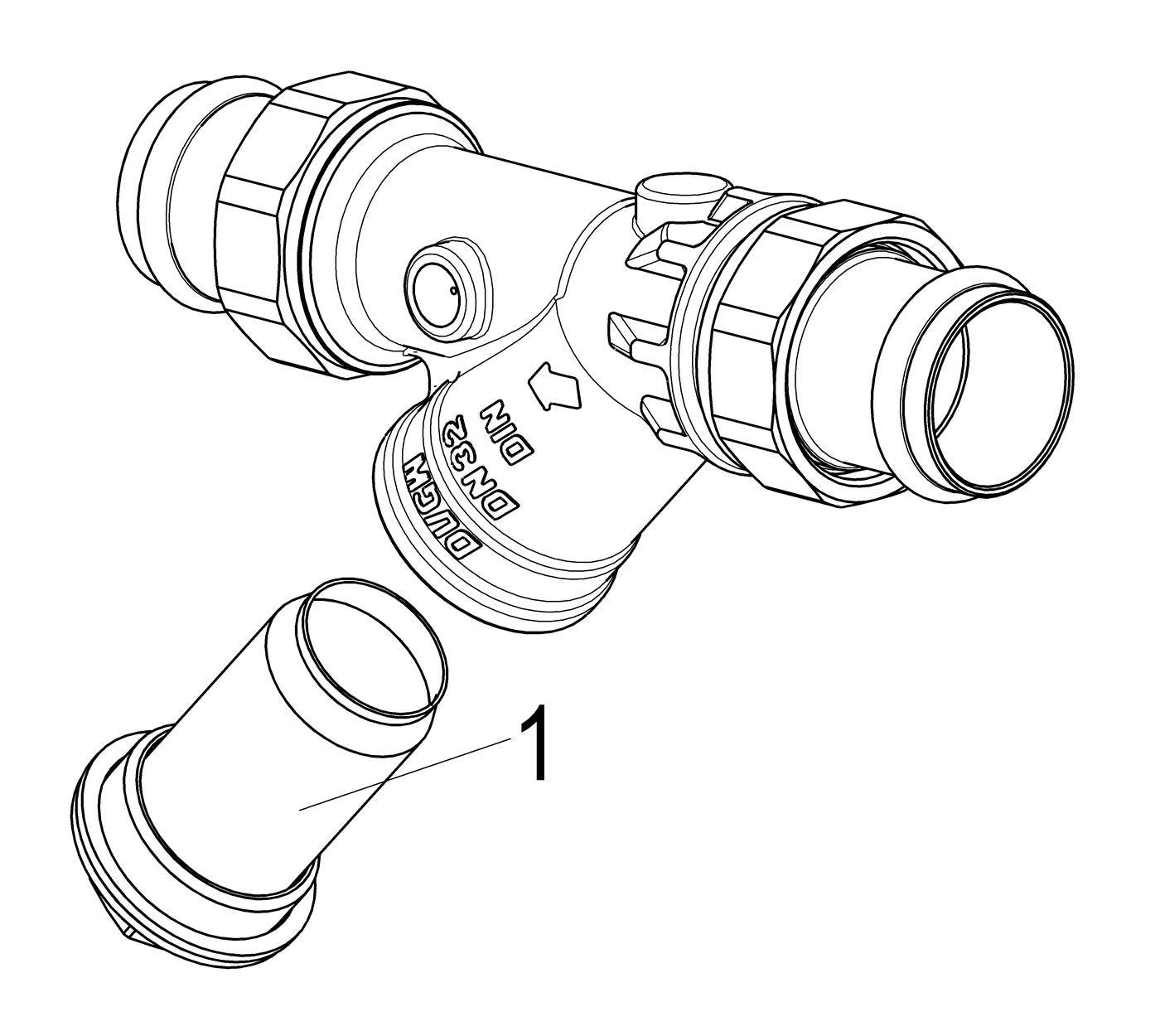 Diagramm einer Rohrverschraubung/eines Ventils mit einem abnehmbaren Stecker mit der Bezeichnung „1