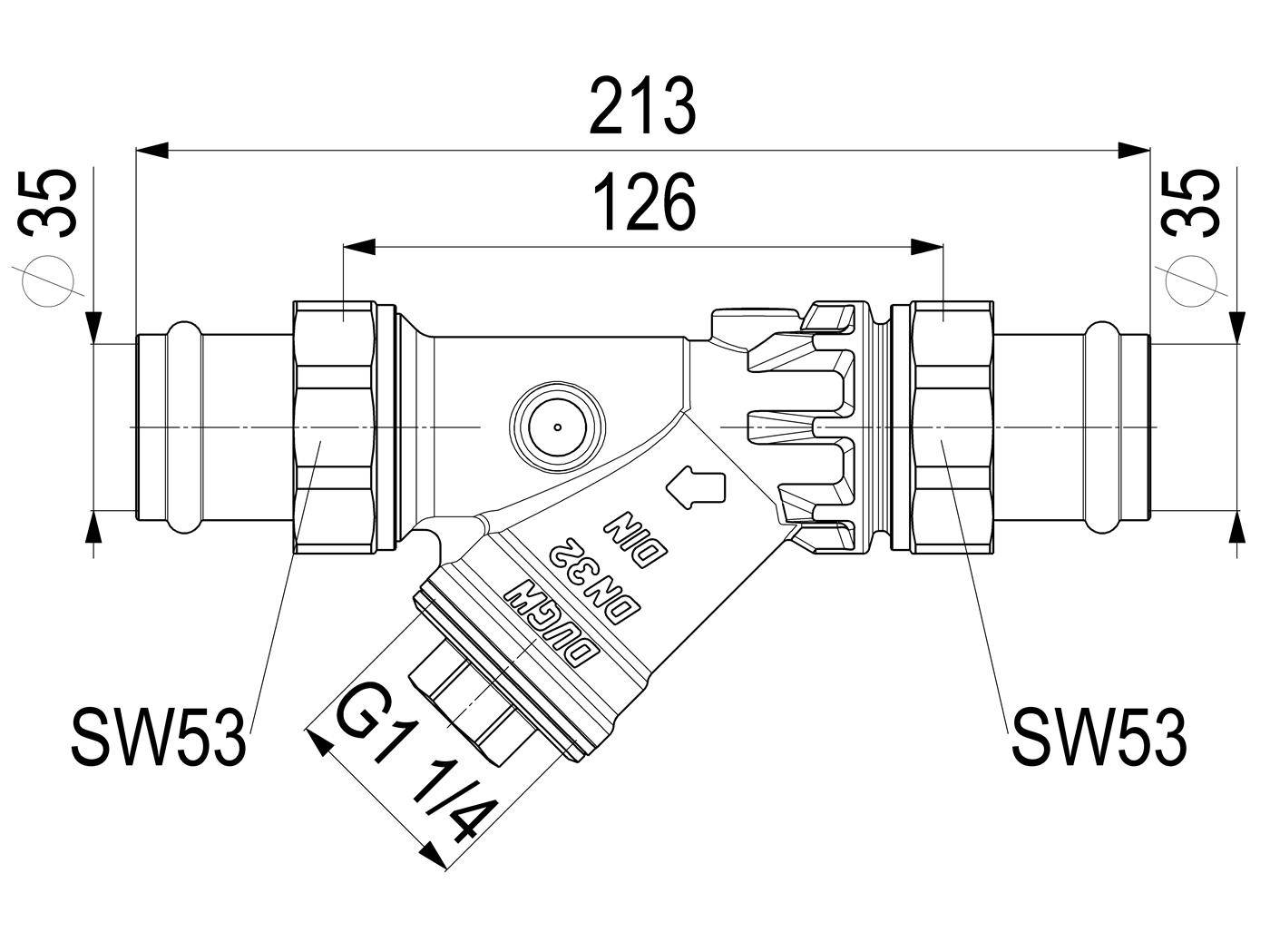 Technische Maßzeichnung eines Y-förmigen Rohrverschraubung mit zwei geraden Enden und einem abgewinkelten Abzweig, gekennzeichnet mit 213, 126, Ø35, SW53 und G1 1/4.