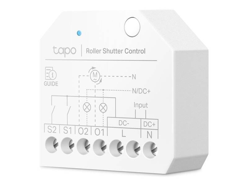 Weißes TP-Link Tapo Rollladen-Steuermodul mit Schaltschema, gekennzeichnet mit S1, S2, O1, O2, Input, DC-, DC+, L und N.