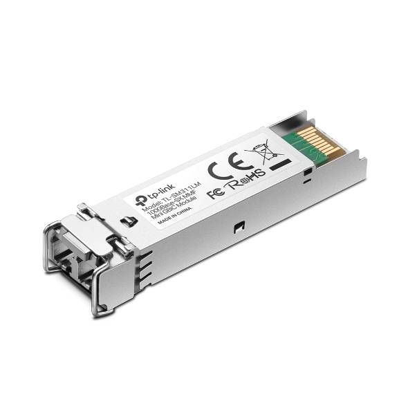 Einzelnes Ethernet-Transceiver-Modul mit Metallgehäuse und Anschlussport, gekennzeichnet mit TP-Link.