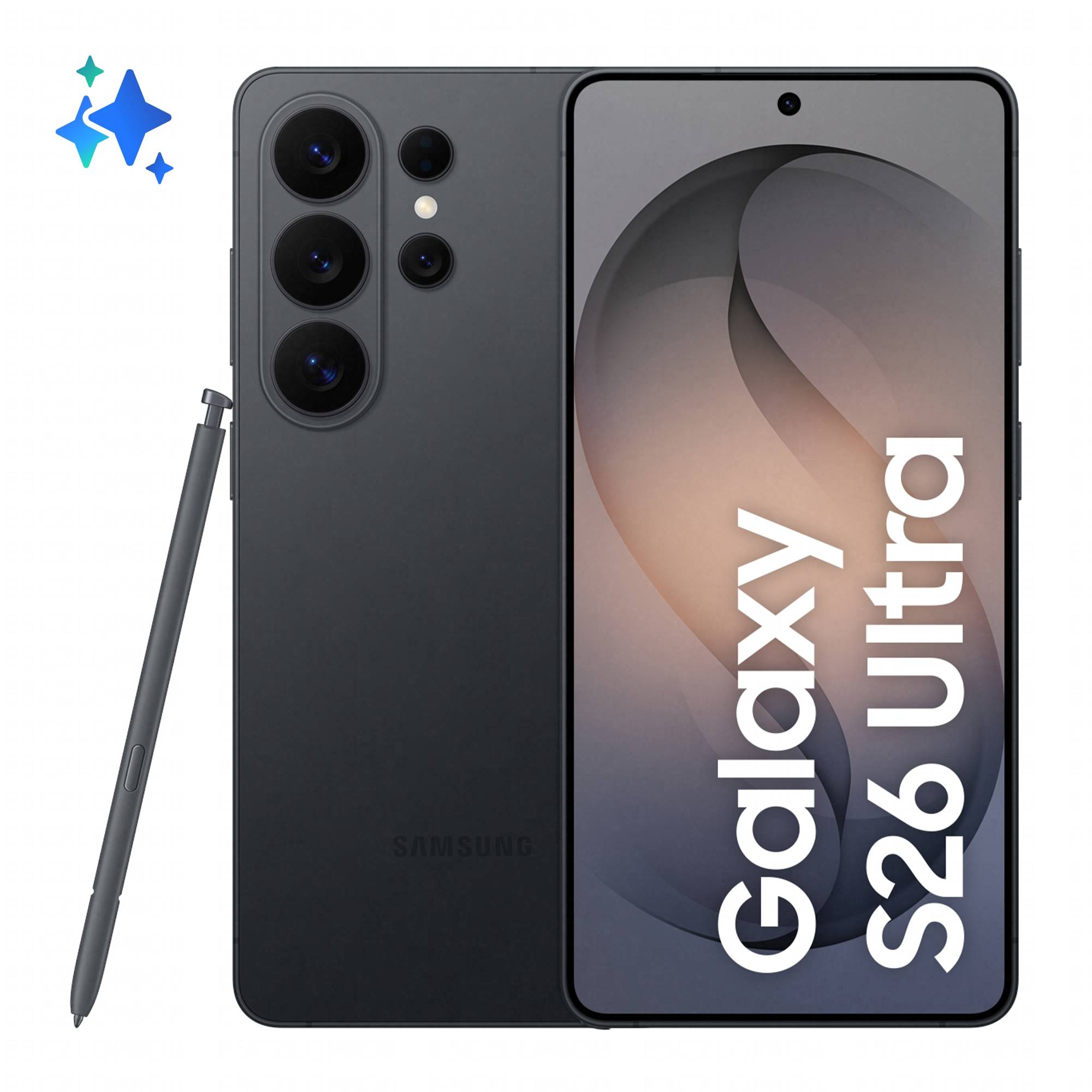 Samsung Galaxy S26 Ultra Smartphone von vorne und hinten mit Stylus gezeigt, mit großem Display und dreifacher Rückkamera.