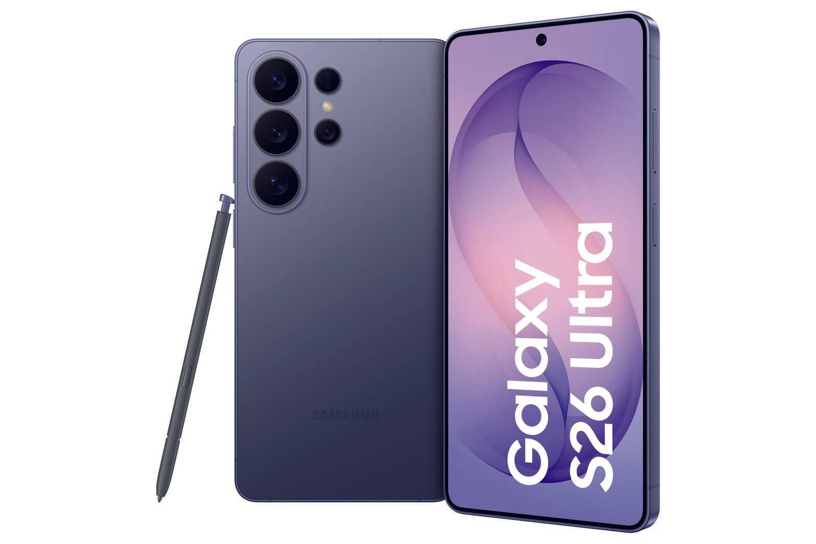 Samsung Galaxy S26 Ultra Smartphone in Dunkelviolett, von vorne und hinten gezeigt, mit einem Stylus daneben und 