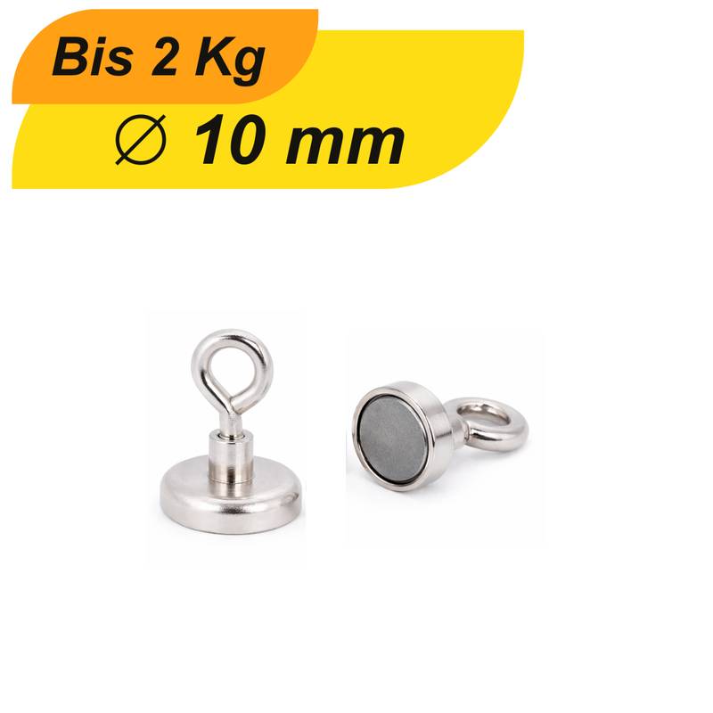 1 Stück Neodym Topfmagnet mit Öse Ø10 mm M3 – Haltekraft ca. 2 kg – vernickelt