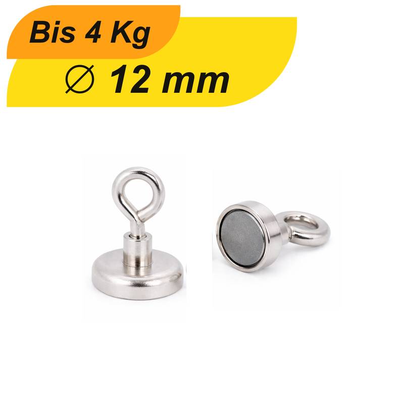 1 Stück Neodym Topfmagnet mit Öse Ø12 mm M3 – Haltekraft ca. 4 kg – vernickelt