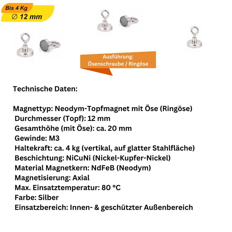 20 Stück Neodym Topfmagnet mit Öse Ø12 mm M3 – Haltekraft ca. 4 kg – vernickelt