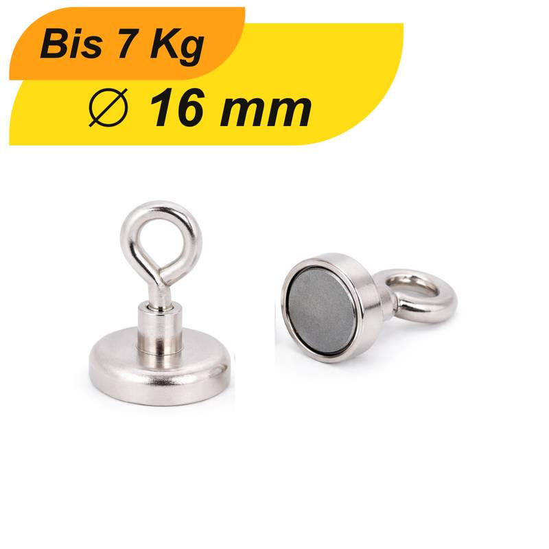 8 Stück Neodym Topfmagnet mit Öse Ø16 mm M4 – Haltekraft ca. 7 kg – vernickelt