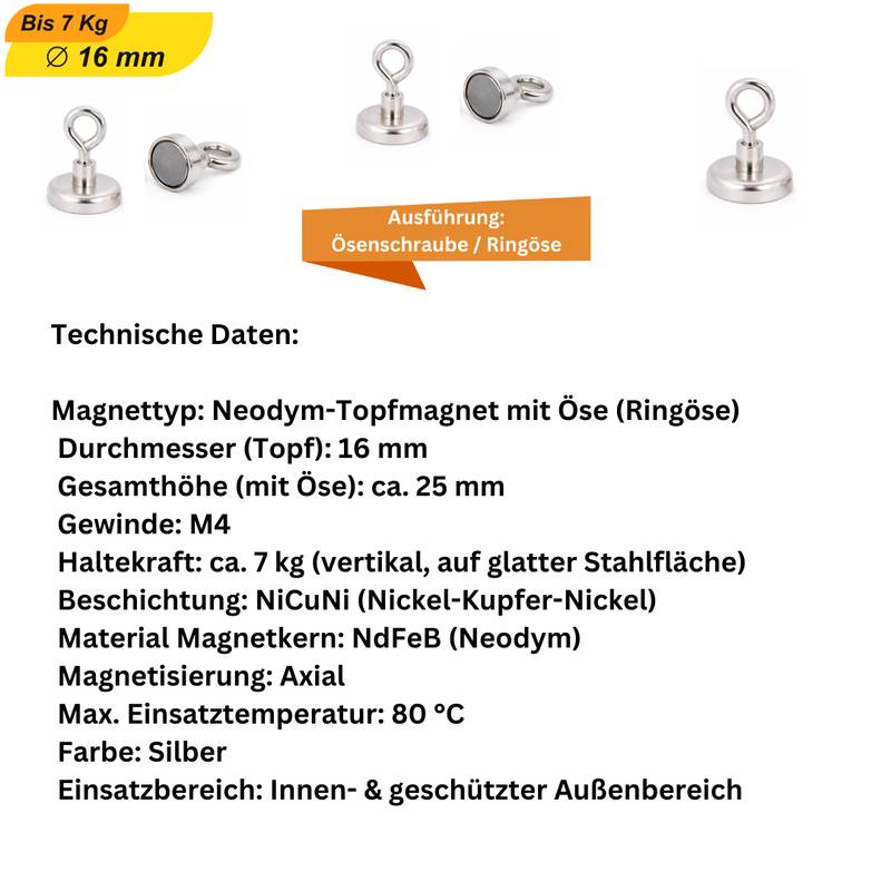 8 Stück Neodym Topfmagnet mit Öse Ø16 mm M4 – Haltekraft ca. 7 kg – vernickelt