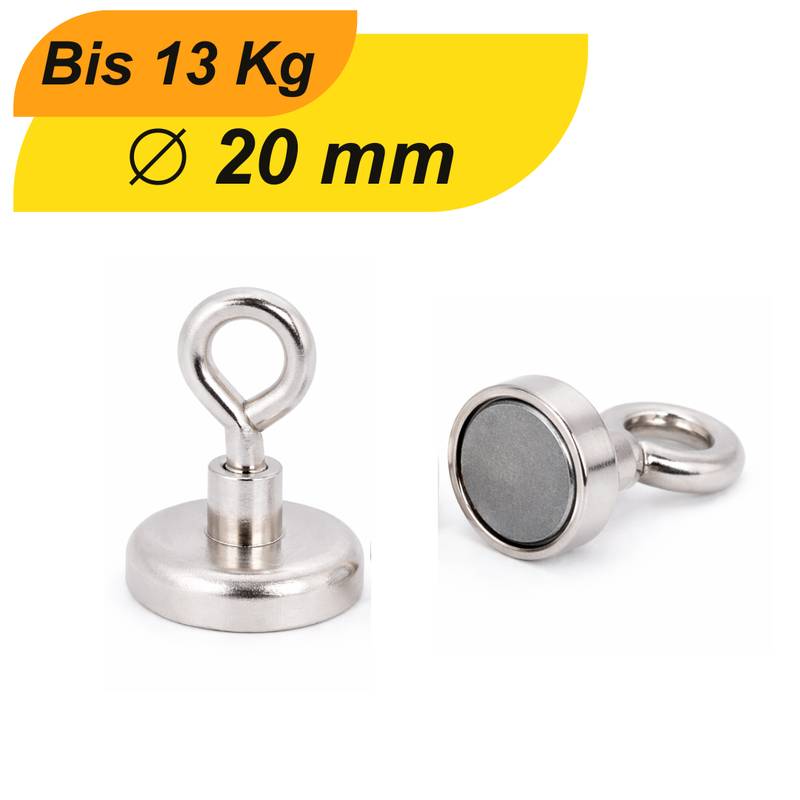 1 Stück Neodym Topfmagnet mit Öse Ø20 mm M4 – Haltekraft ca. 13 kg – vernickelt