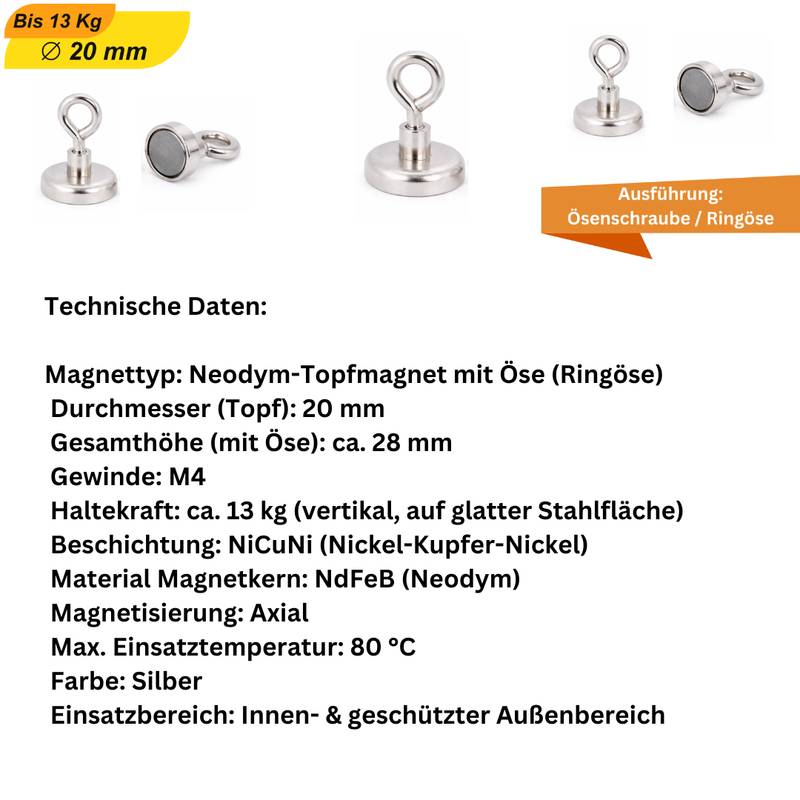 4 Stück Neodym Topfmagnet mit Öse Ø20 mm M4 – Haltekraft ca. 13 kg – vernickelt