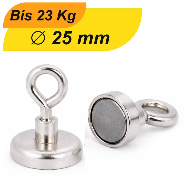 1 Stück Neodym Topfmagnet mit Öse Ø25 mm M5 – Haltekraft ca. 23 kg – vernickelt
