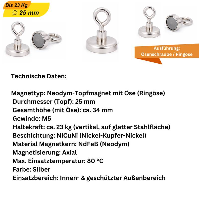 20 Stück Neodym Topfmagnet mit Öse Ø25 mm M5 – Haltekraft ca. 23 kg – vernickelt