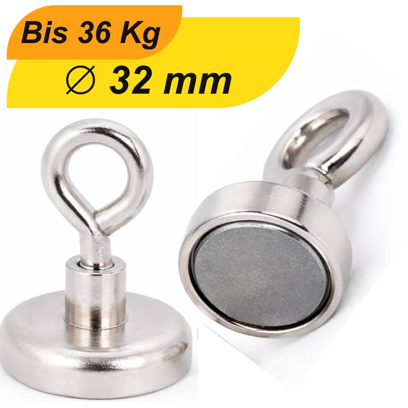 10 Stück Neodym Topfmagnet mit Öse Ø32 mm M6 – Haltekraft ca. 36 kg – vernickelt