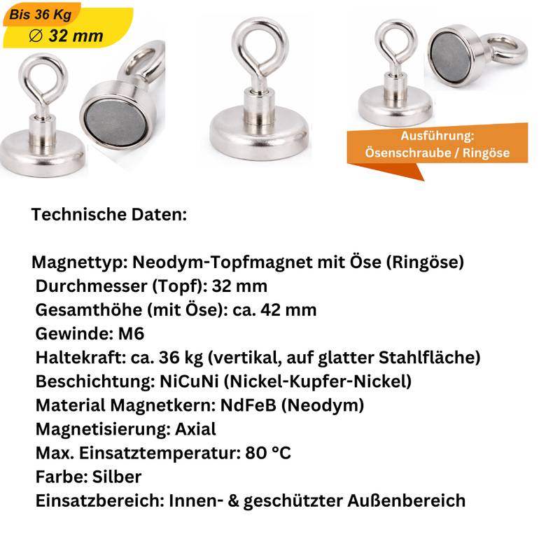 20 Stück Neodym Topfmagnet mit Öse Ø32 mm M6 – Haltekraft ca. 36 kg – vernickelt