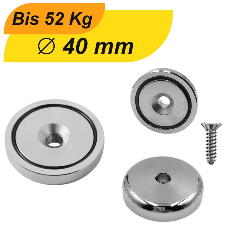 10 Stück Neodym Topfmagnet Ø40 mm M6 – Haltekraft ca. 52 kg – vernickelt