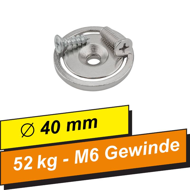 10 Stück Neodym Topfmagnet Ø40 mm M6 – Haltekraft ca. 52 kg – vernickelt