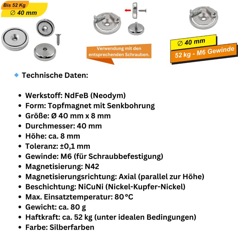 10 Stück Neodym Topfmagnet Ø40 mm M6 – Haltekraft ca. 52 kg – vernickelt