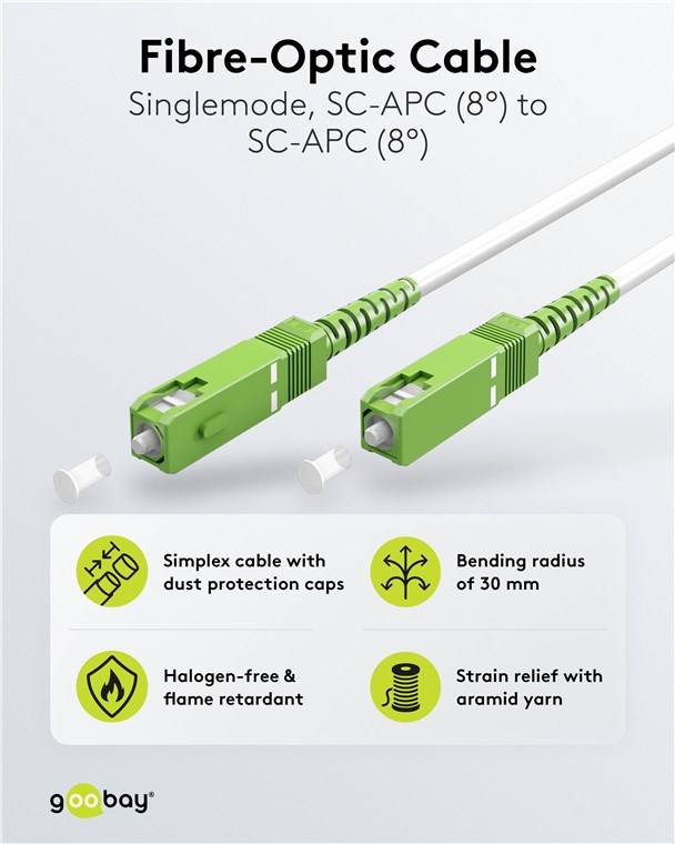175x Goobay 59593 Glasfaserkabel (FTTH), Singlemode (OS2) White, (Simplex), 0,5 m, 0.5 m, Weiß - SC-APC (8°) Stecker > SC-APC (8°) Stecker, halogen