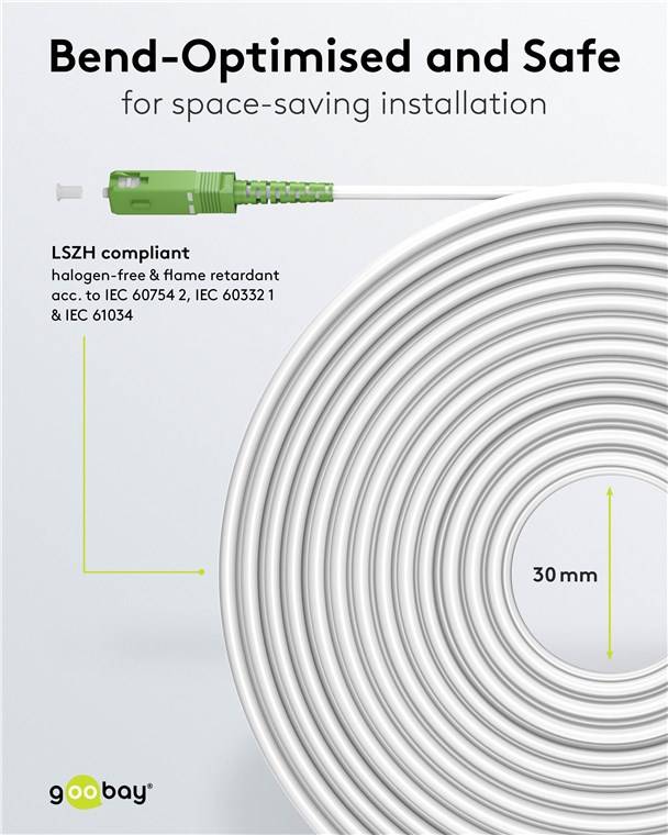 Goobay 59604 Glasfaserkabel (FTTH), Singlemode (OS2) White, (Simplex), 20 m, 20 m, Weiß - SC-APC (8°) Stecker > SC-APC (8°) Stecker, halogenfreier