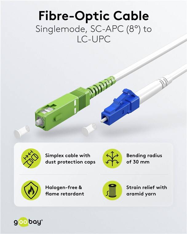 Goobay 59612 Glasfaserkabel (FTTH), Singlemode (OS2) White, (Simplex), 10 m, 10 m, Weiß - SC-APC (8°) Stecker > LC-UPC Stecker, halogenfreier Kabelm