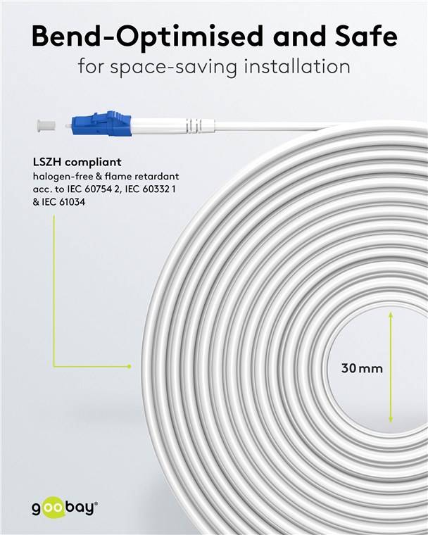 Goobay 59612 Glasfaserkabel (FTTH), Singlemode (OS2) White, (Simplex), 10 m, 10 m, Weiß - SC-APC (8°) Stecker > LC-UPC Stecker, halogenfreier Kabelm