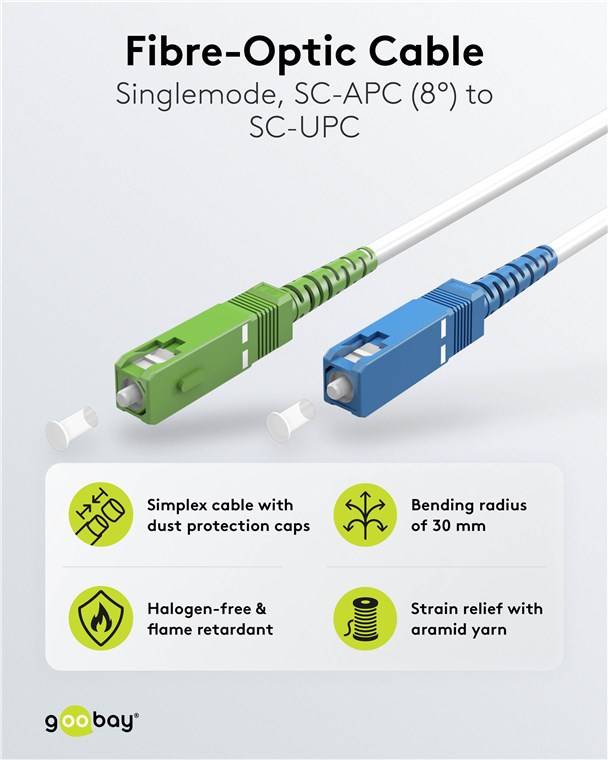 60x Goobay 59621 Glasfaserkabel (FTTH), Singlemode (OS2) White, (Simplex), 5 m, 5 m, Weiß - SC-APC (8°) Stecker > SC-UPC Stecker, halogenfreier Kabe
