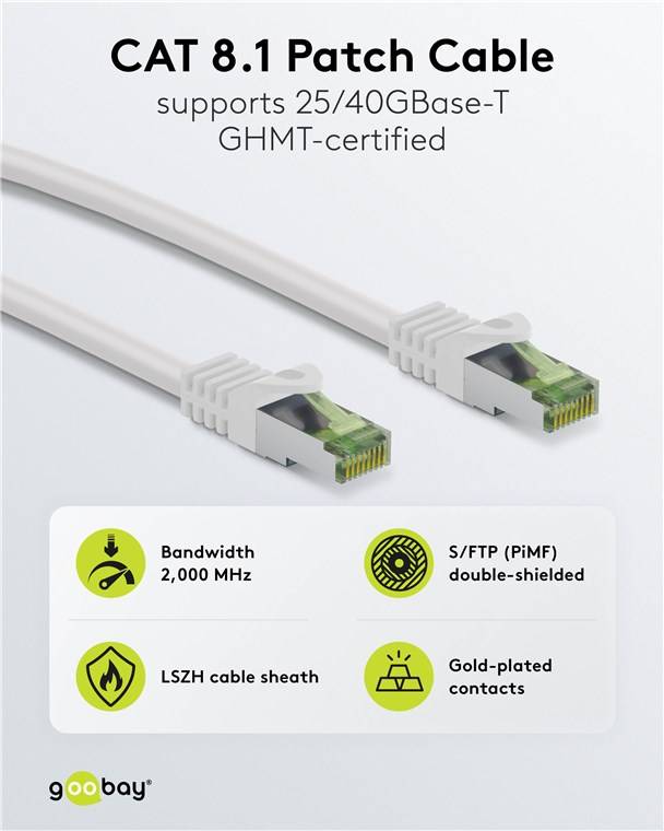 200x Goobay 61102 GHMT-zertifiziertes CAT 8.1 Patchkabel, S/FTP (PiMF), weiß, 0.25 m - Kupferleiter, LSZH halogenfreier Kabelmantel