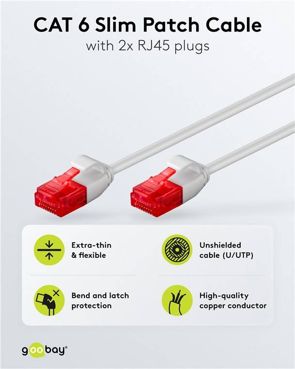 20x Goobay 93734 CAT 6 Slim-Patchkabel, U/UTP, grau, 10 m - Kupferleiter (CU)