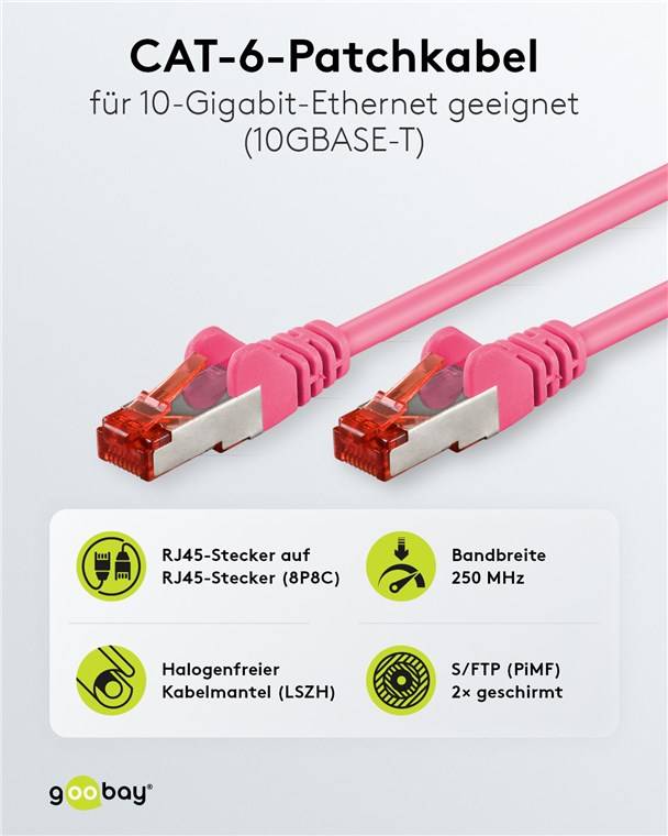 10x Goobay 93438 CAT 6 Patchkabel, S/FTP (PiMF), magenta, 20 m - Kupferleiter (CU), halogenfreier Kabelmantel (LSZH)