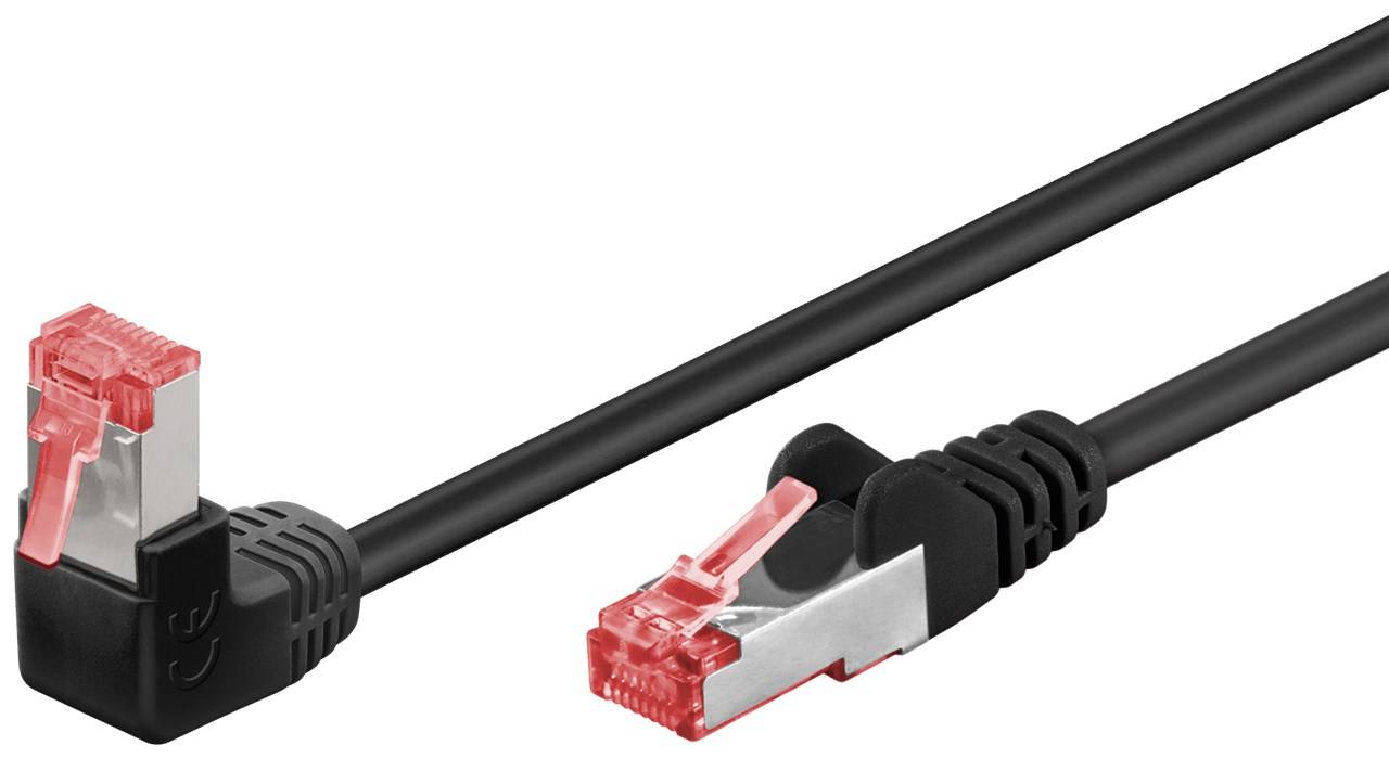 Goobay 51545 CAT 6 Patchkabel 1x 90° gewinkelt, S/FTP (PiMF), schwarz, 3 m, 3 m - Kupferleiter (CU), halogenfreier Kabelmantel (LSZH), Rastnase oben