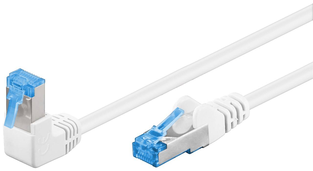 Goobay 51566 CAT 6A Patchkabel 1x 90° gewinkelt, S/FTP (PiMF), weiß, 3 m, 3 m - Kupferleiter (CU), halogenfreier Kabelmantel (LSZH), Rastnase oben