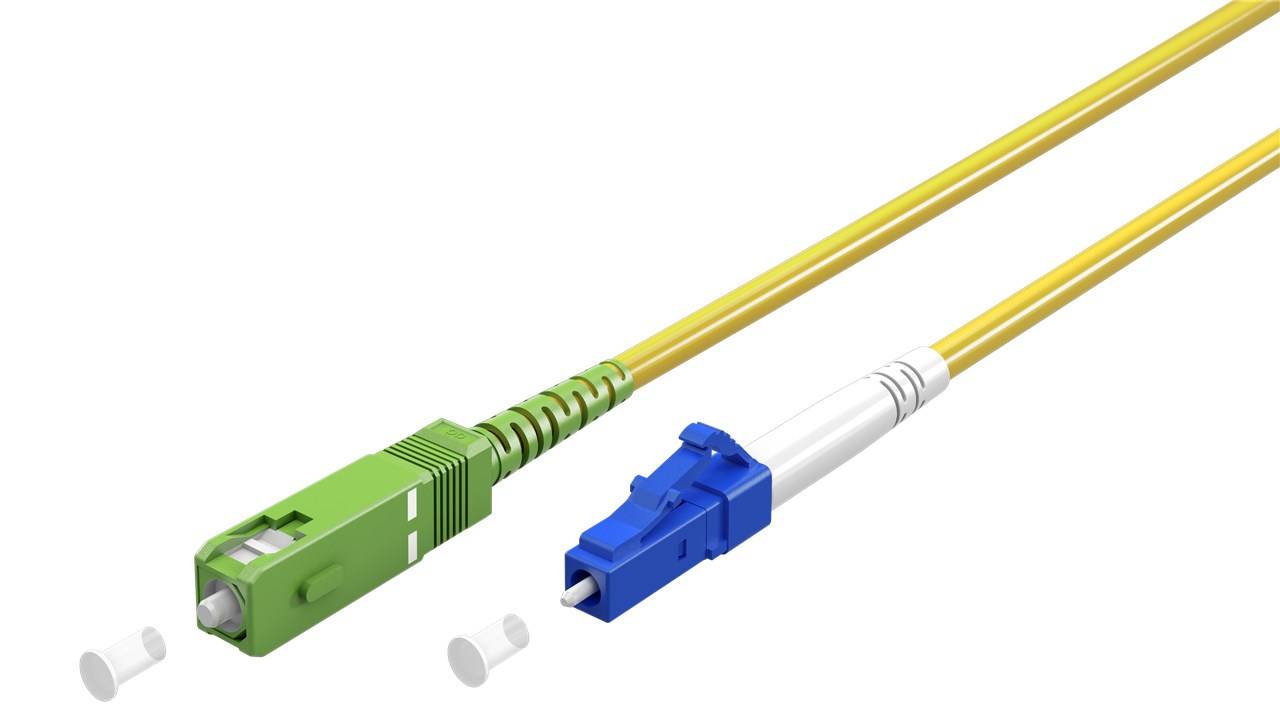 Goobay 59656 Glasfaserkabel (FTTH), Singlemode (OS2) Yellow, (Simplex), 30 m, 30 m, Gelb - SC-APC (8°) Stecker > LC-UPC Stecker, halogenfreier