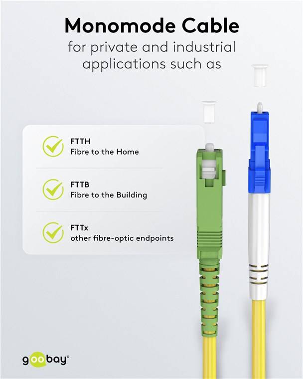 Goobay 59656 Glasfaserkabel (FTTH), Singlemode (OS2) Yellow, (Simplex), 30 m, 30 m, Gelb - SC-APC (8°) Stecker > LC-UPC Stecker, halogenfreier
