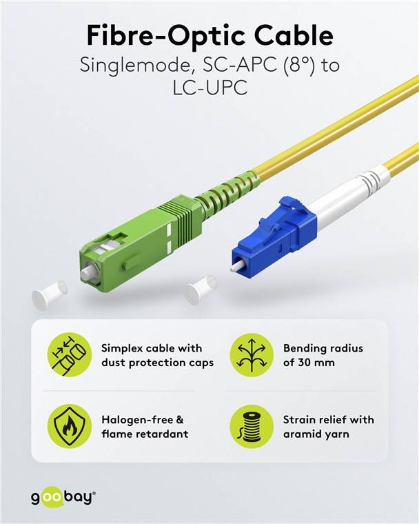 Goobay 59656 Glasfaserkabel (FTTH), Singlemode (OS2) Yellow, (Simplex), 30 m, 30 m, Gelb - SC-APC (8°) Stecker > LC-UPC Stecker, halogenfreier