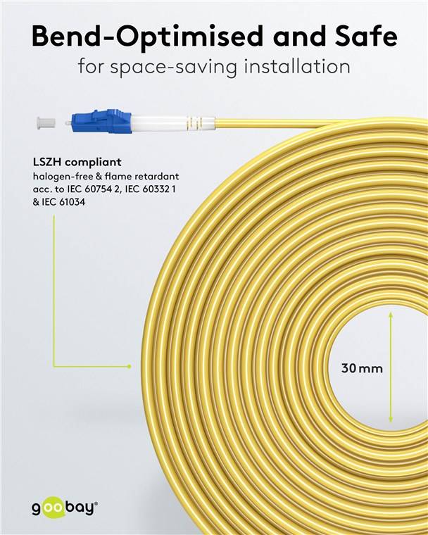 20x Goobay 59655 Glasfaserkabel (FTTH), Singlemode (OS2) Yellow, (Simplex), 25 m, 25 m, Gelb - SC-APC (8°) Stecker > LC-UPC Stecker, halogenfreier