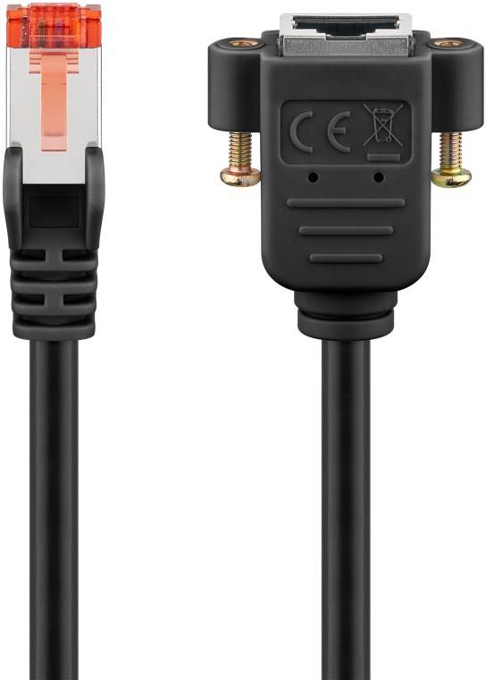 Goobay 65638 CAT 6 Verlängerungskabel, S/FTP (PiMF), schwarz, 2 m - Kupferleiter (CU), halogenfreier Kabelmantel (LSZH), mit Montageflansch