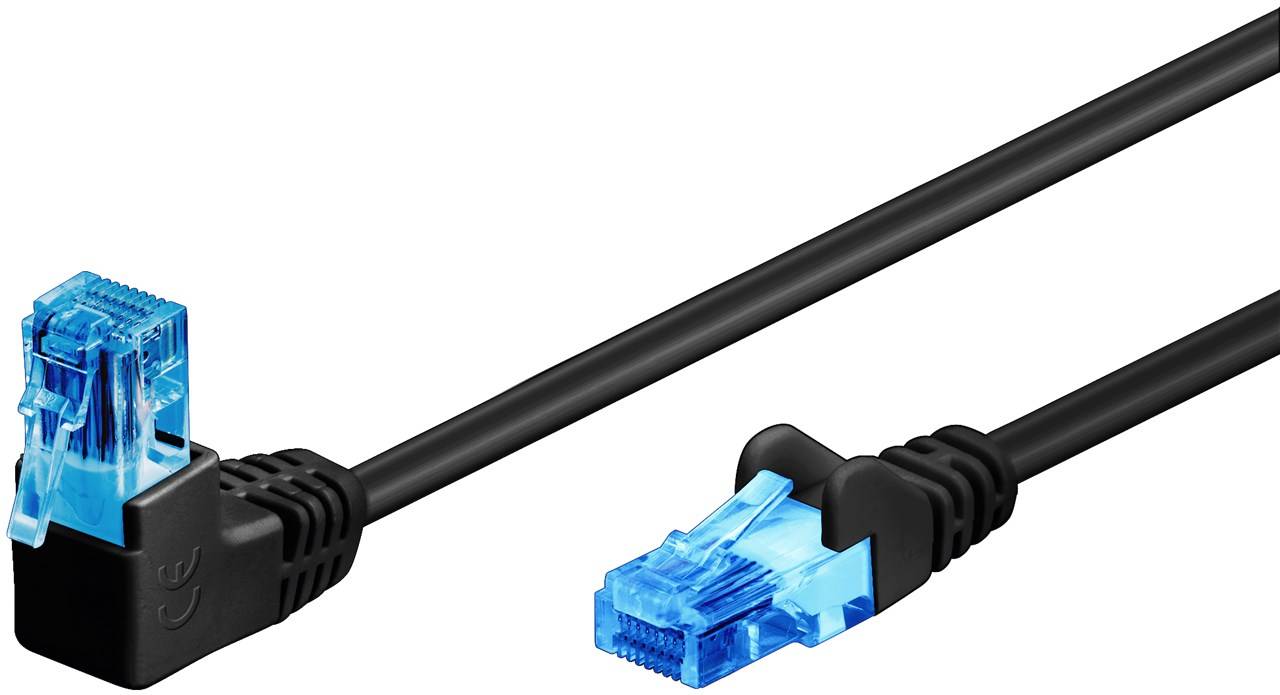 Goobay 51530 CAT 6A Patchkabel 1x 90° gewinkelt, U/UTP, schwarz, 2 m - Kupferkaschierter Aluminiumleiter (CCA), Rastnase oben
