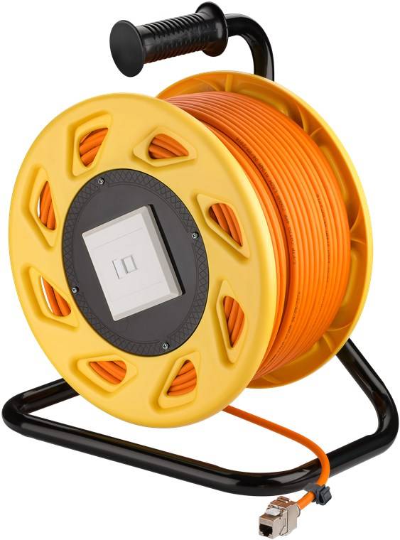 1x Goobay 58934 Mobile RJ45 Netzwerk Kabeltrommel, orange, 50 m - Doppelt geschirmtes, halogenfreies CAT-7A S/FTP Installationskabel (1000 MHz) auf