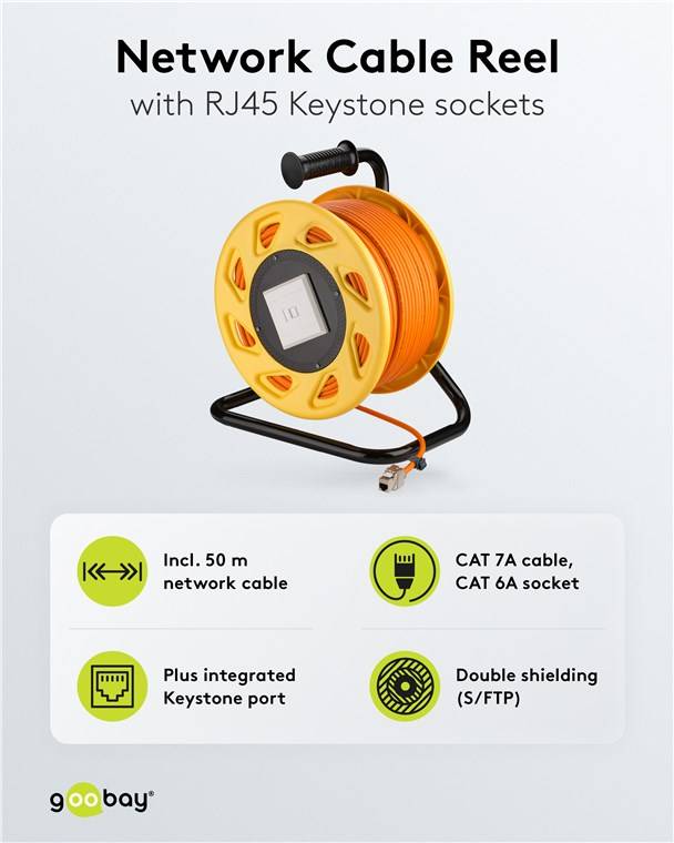 1x Goobay 58934 Mobile RJ45 Netzwerk Kabeltrommel, orange, 50 m - Doppelt geschirmtes, halogenfreies CAT-7A S/FTP Installationskabel (1000 MHz) auf