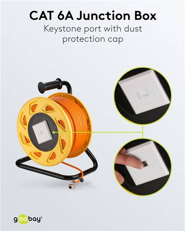 1x Goobay 58934 Mobile RJ45 Netzwerk Kabeltrommel, orange, 50 m - Doppelt geschirmtes, halogenfreies CAT-7A S/FTP Installationskabel (1000 MHz) auf