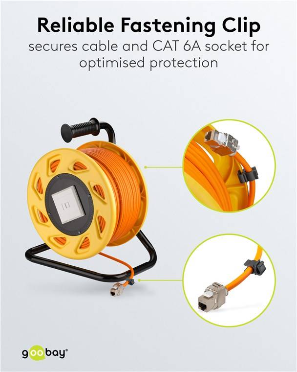 1x Goobay 58934 Mobile RJ45 Netzwerk Kabeltrommel, orange, 50 m - Doppelt geschirmtes, halogenfreies CAT-7A S/FTP Installationskabel (1000 MHz) auf