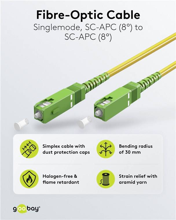 40x Goobay 59642 Glasfaserkabel (FTTH), Singlemode (OS2) Yellow, (Simplex), 10 m, 10 m, Gelb - SC-APC (8°) Stecker > SC-APC (8°) Stecker, halogenfre