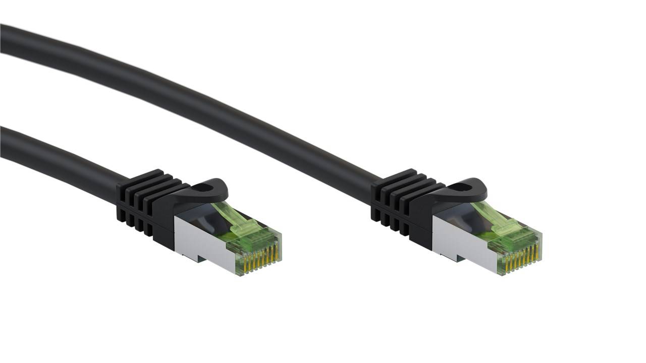 Goobay 61091 GHMT-zertifiziertes CAT 8.1 Patchkabel, S/FTP (PiMF), schwarz, 0.25 m - Kupferleiter, LSZH halogenfreier Kabelmantel