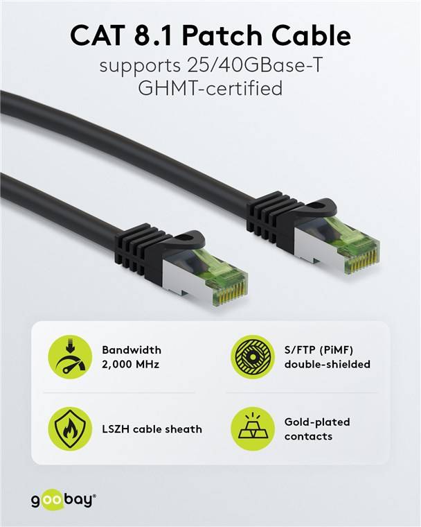 Goobay 61113 GHMT-zertifiziertes CAT 8.1 Patchkabel, S/FTP (PiMF), grau, 0.25 m - Kupferleiter, LSZH halogenfreier Kabelmantel