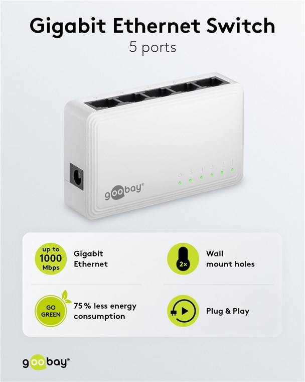 Goobay 64563 5-Port Gigabit Ethernet Netzwerk-Switch, weiß - 5x RJ45-Buchsen, Autonegotiation, 1000 Mbit/s