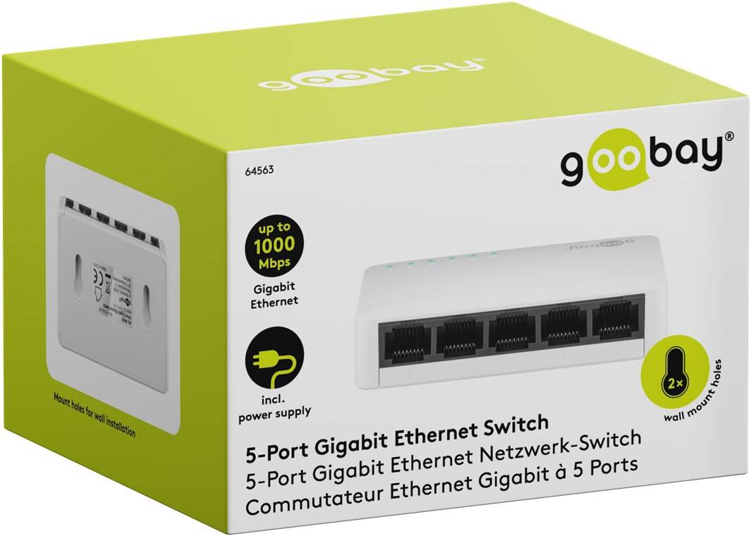 Goobay 64563 5-Port Gigabit Ethernet Netzwerk-Switch, weiß - 5x RJ45-Buchsen, Autonegotiation, 1000 Mbit/s