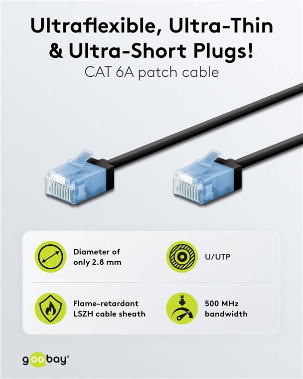 Goobay 74234 Ultraflexibles CAT 6A Patchkabel, slim, U/UTP, schwarz, 2 m - extrakurze Stecker, reiner Kupferleiter (CU), LSZH, TPE-Mantel, AWG 32