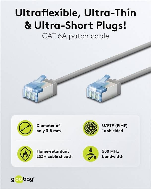 Goobay 74311 Ultraflexibles CAT 6A Patchkabel, slim, U/FTP, grau, 7.5 m - extrakurze Stecker, reiner Kupferleiter (CU), LSZH, TPE-Mantel, AWG 32
